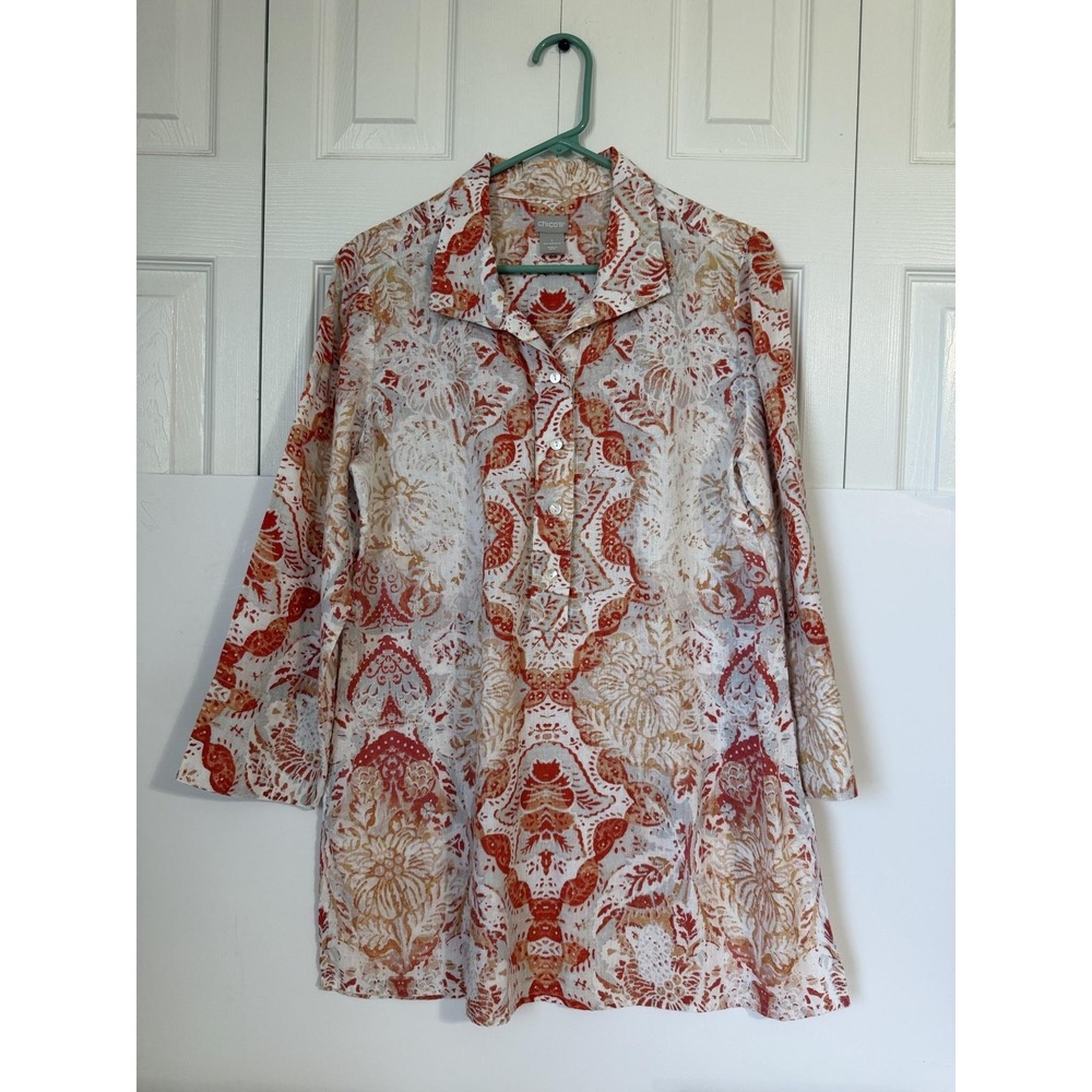 Chicos Top Womens 8/10 Multicolor Floral Linen 3/4 Sleeve Button Tunic Blouse
